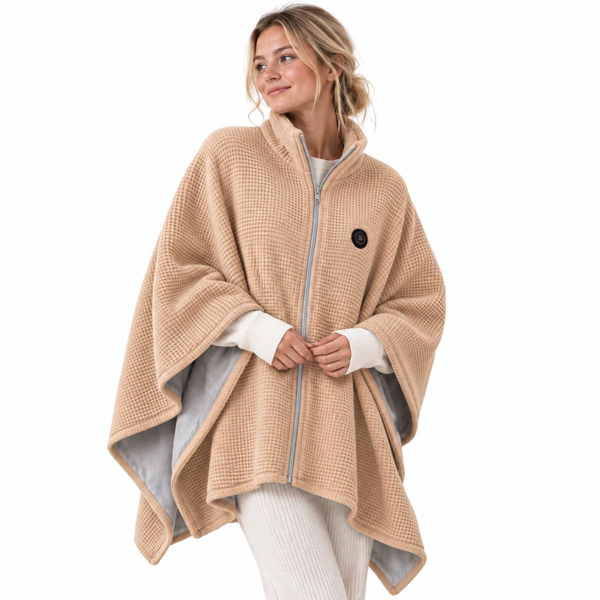 Woman wearing the beige Coocoat heated shawl
